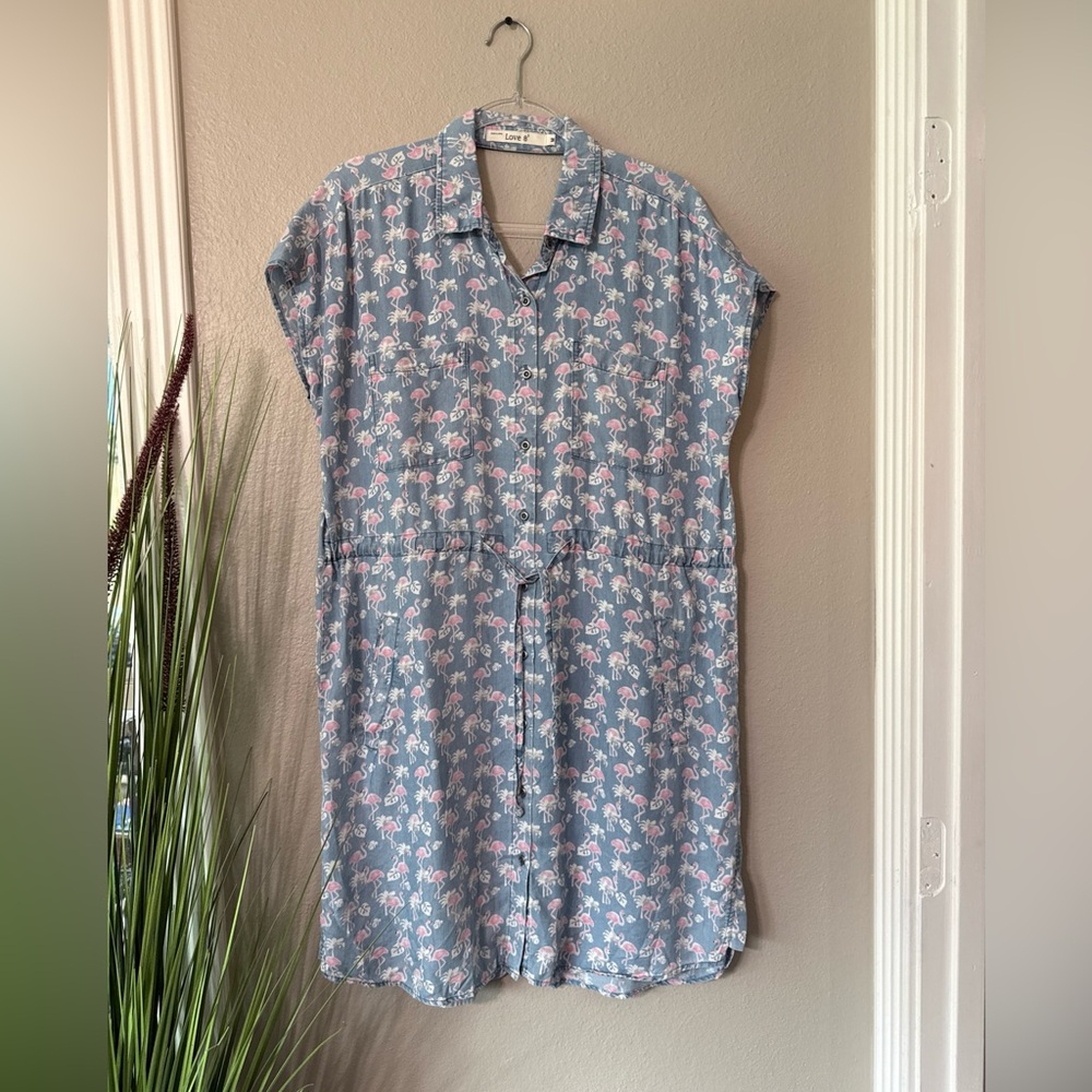 #624 Love 8 flamingo, Knee Length Button Down Dress With Pockets Size Medium